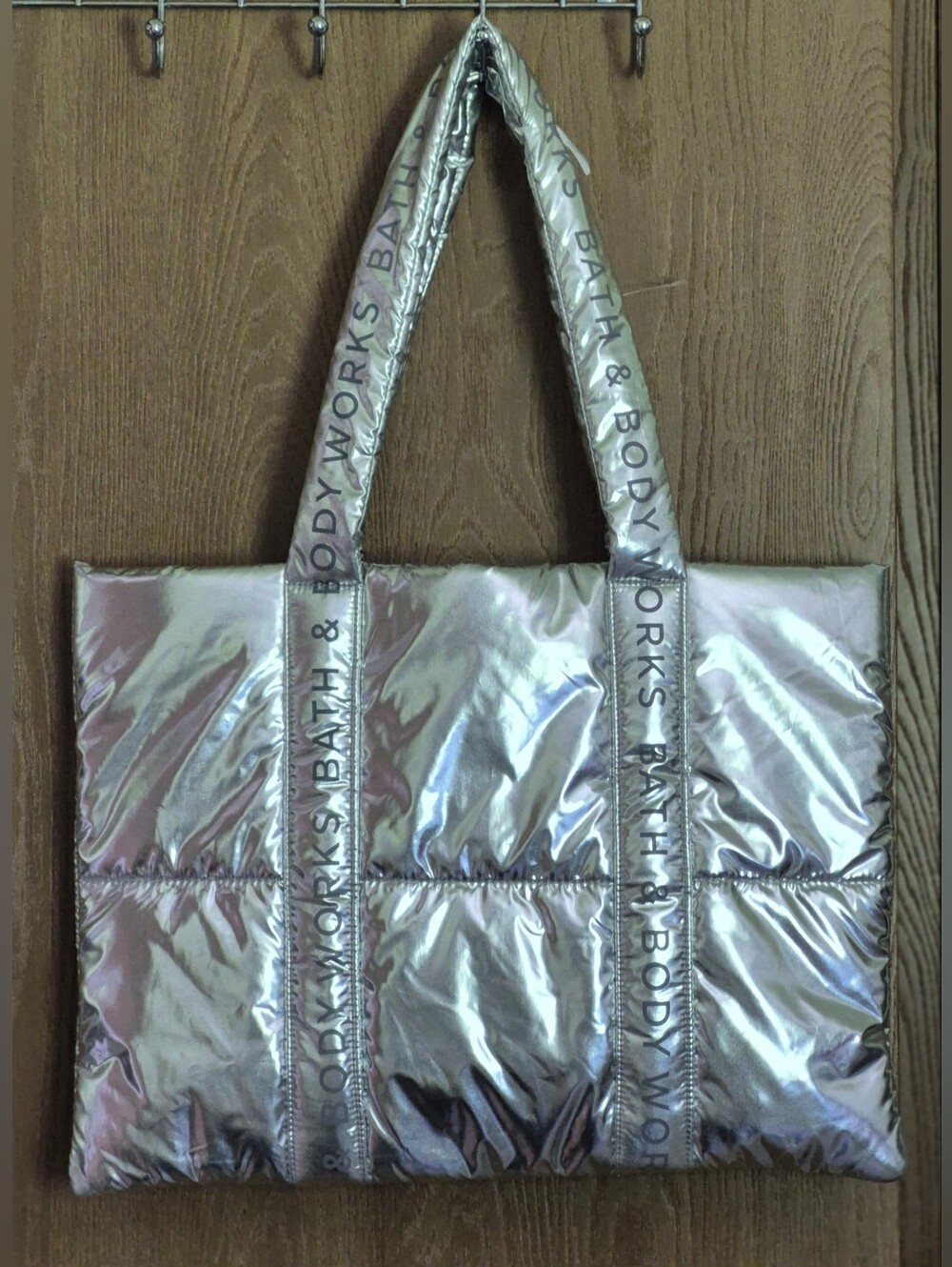 NWT Bath & Body Works Silver Puffy Tote Bag 19"×14"